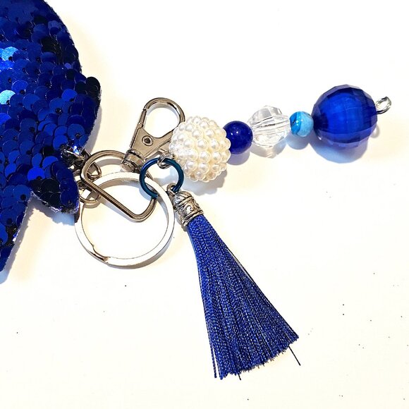 Blue Sequin Unicorn Keychain w/ Beaded Tassel Charm, Sparkly Bag Purse Accessory - Picture 2 of 3
